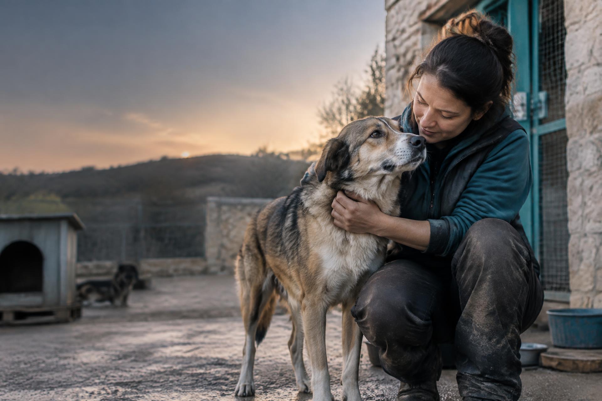 Eine Frau und ein Hund im vertrauten Kontakt