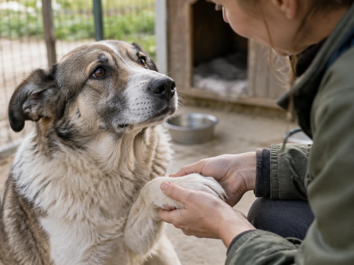 Eine Hand hält behutsam die Pfote eines Hundes